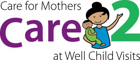 Care2 logo with large text "Care2" with a cartoonish mother and baby between the 'e' and the '2'.  Then above in smaller text is "Care for Mothers" with "at Well Child Visits" below.