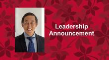 Image with Dr. Gil liu on a red buckeye background with the text, in white, 'Leadership Announcement'