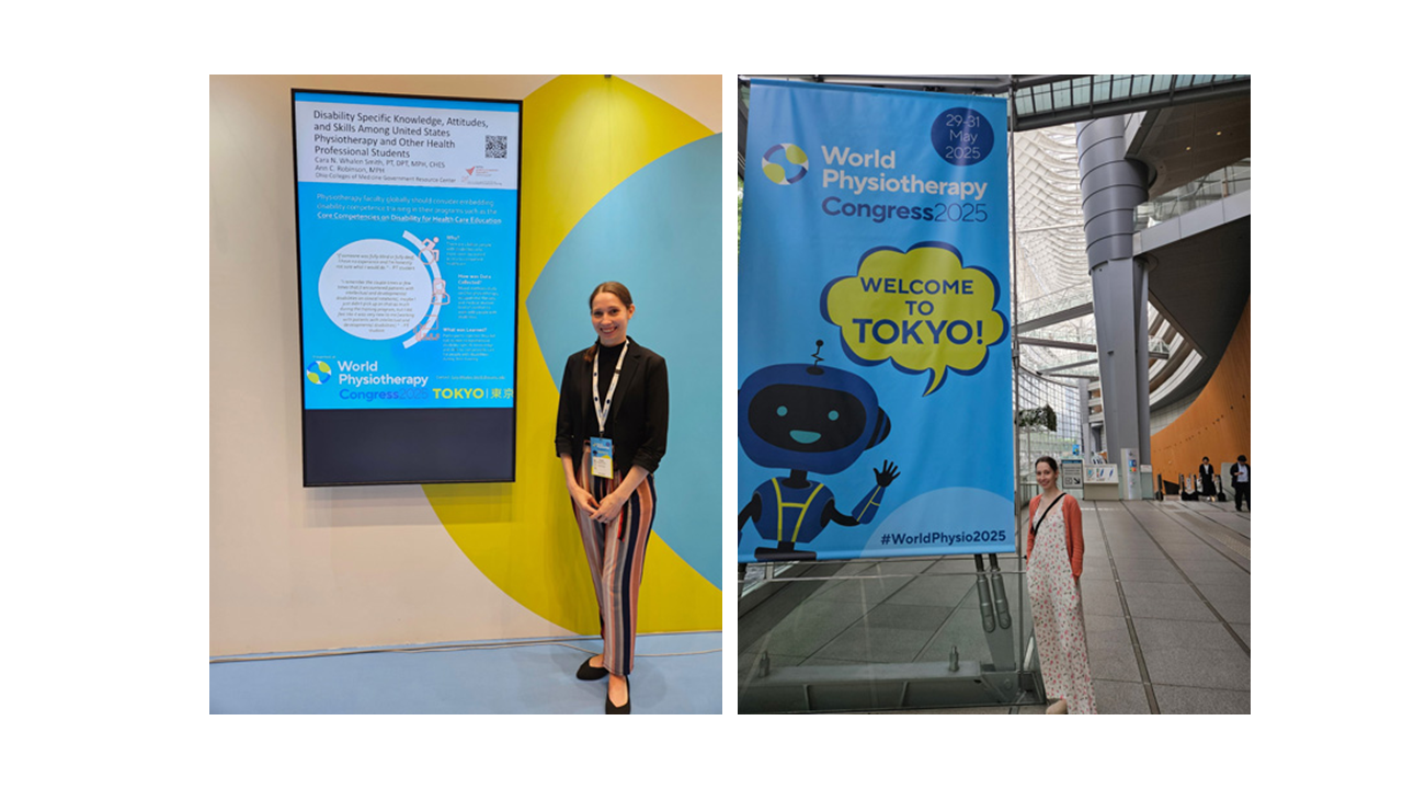 Cara Whalen Smith stands in front of a digital screen of her presentation.