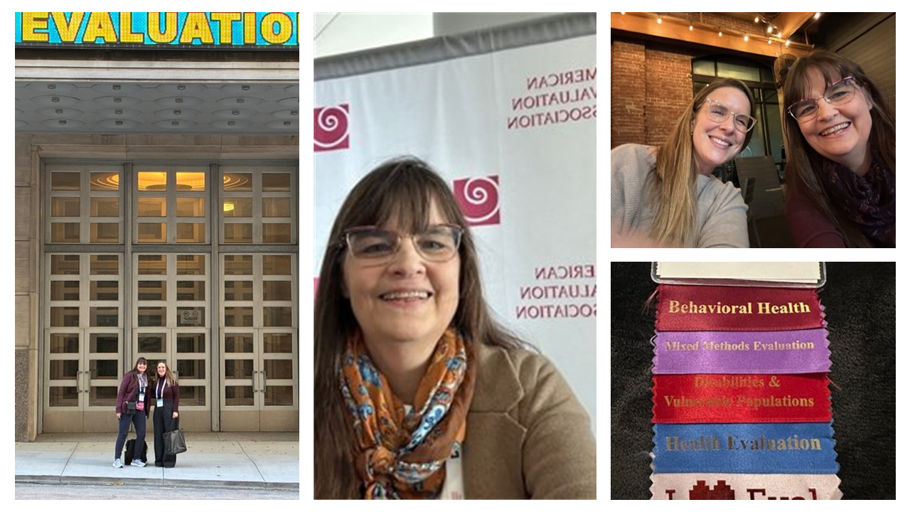 A collage of Laura Milazzo and Emelie Bailey at the conference, a nametag, and the front of the conference center