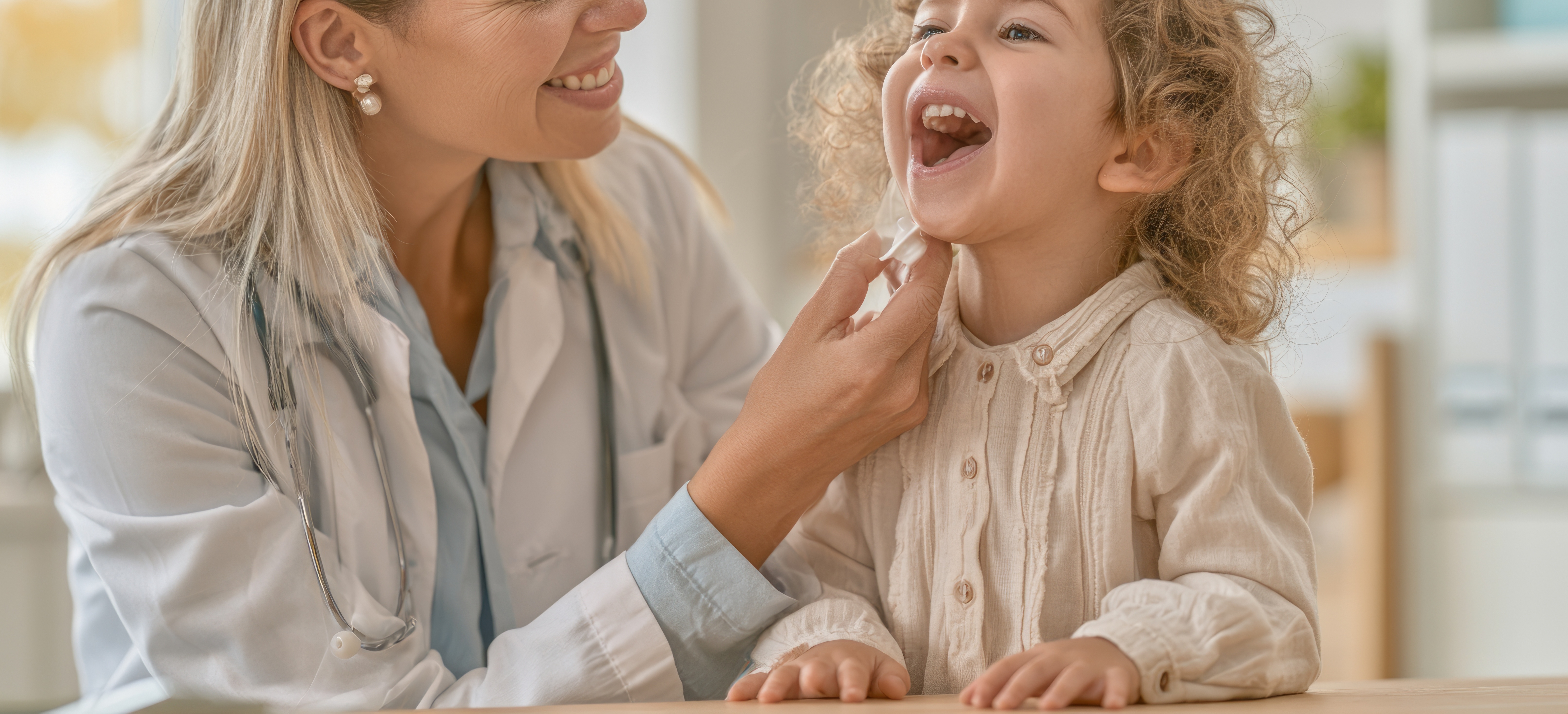 A blond, female dentist checks the teeth of a small blond girl