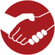 Two hands of different color (red and white) meeting in a shake, on a red circle as a background