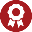 White outline of a prize ribbon on a red circle as a background