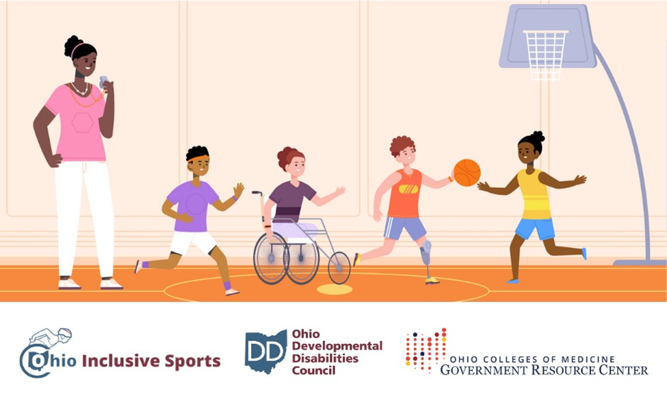 A cartoon drawing of diverse group of students with and without disabilities playing basketball together with their coach.