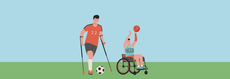 A cartoon drawing of one athlete using forearm crutches plays soccer next to an athlete who uses a wheelchair throwing a basketball.