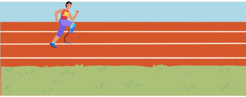 A cartoon drawing of a student athlete with a running blade prosthetic running on a track.
