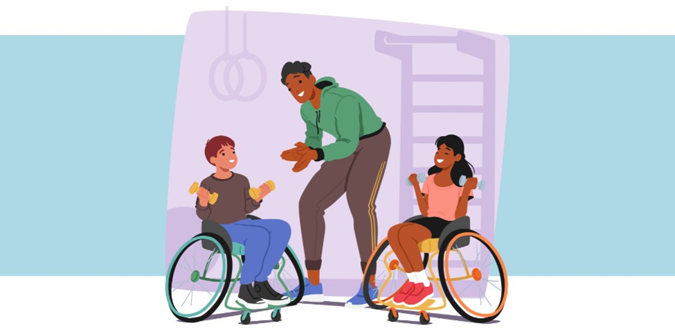 Two student athlete wheelchair users lift weights in a gym with their coach in a cartoon drawing