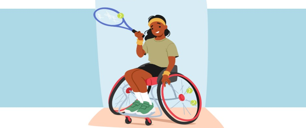 A student athlete in a wheelchair bounces a tennis ball on her racket in a cartoon drawing