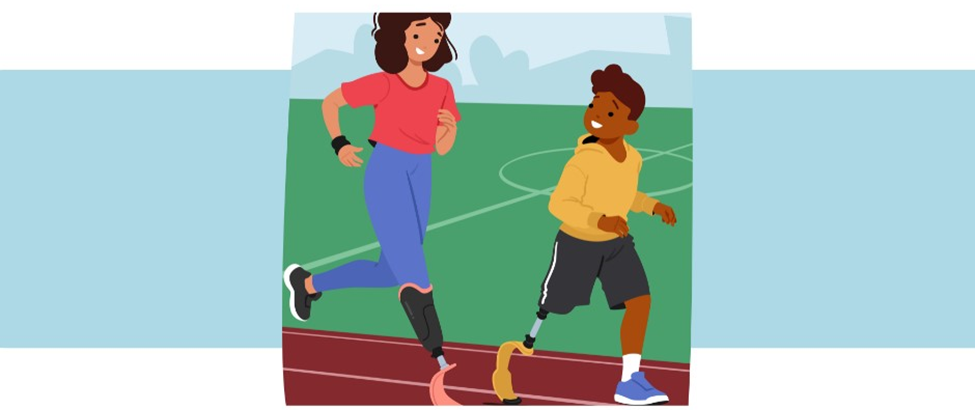 Both a student athlete and adult coach jog on a track with their prosthetic running blades in a cartoon drawing
