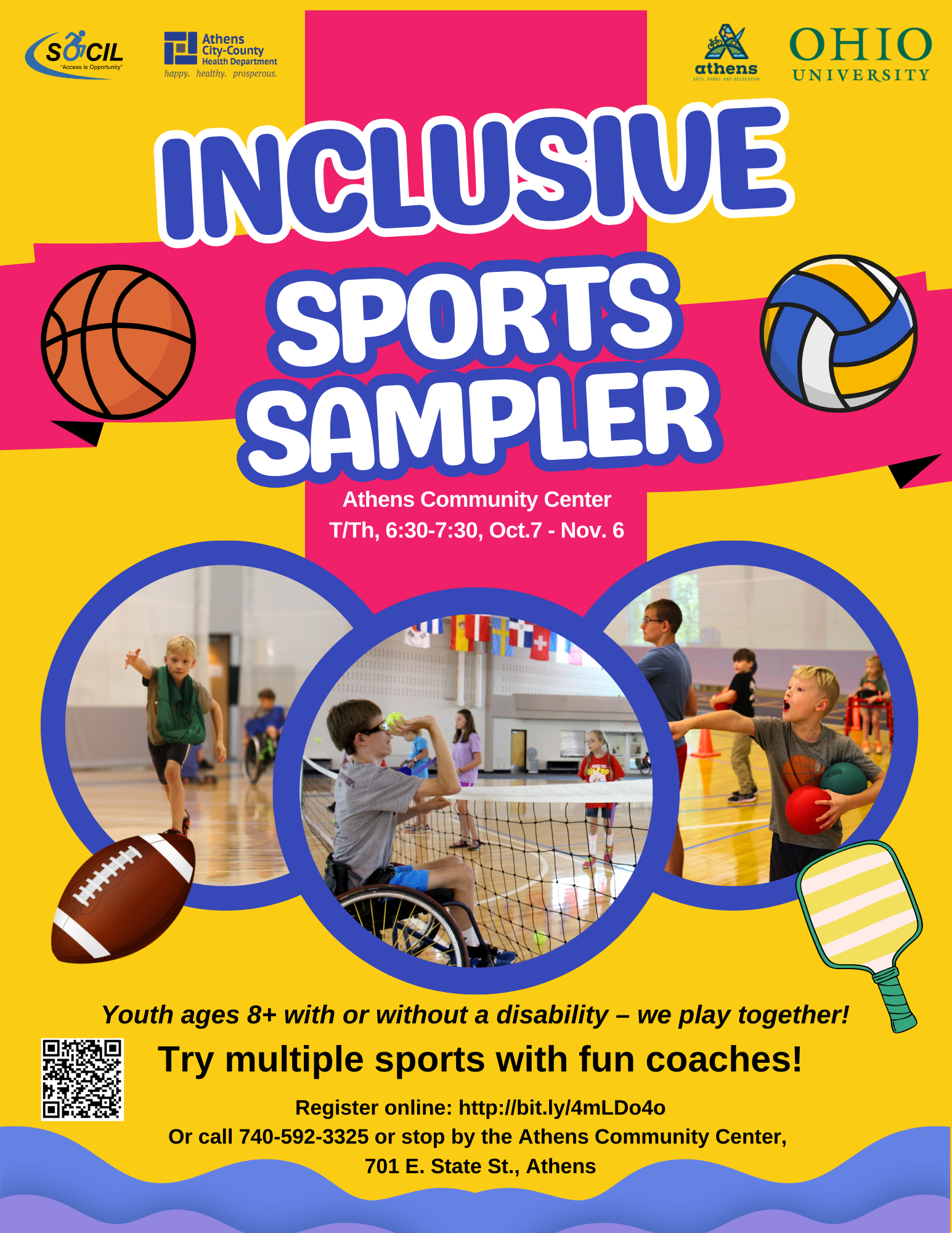 Flyer Inclusive Sports Sampler, Athens Community Center - we play together, try multiple sports with fun coaches.