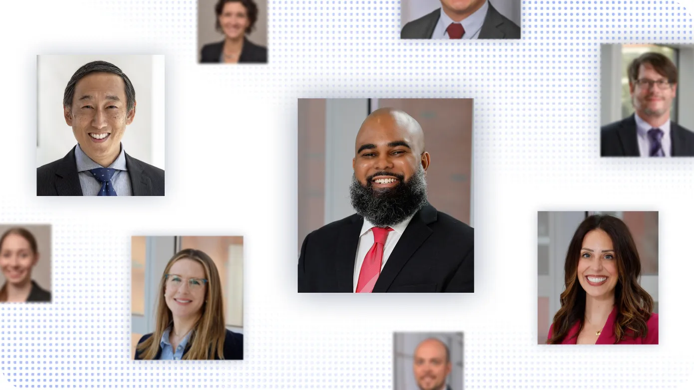 GRC team members in an assorted grid at different distance levels with a soft dotted gradient in the top and bottom left corners.