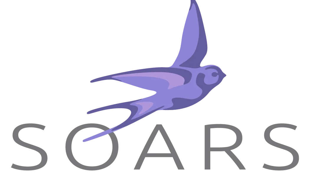 This is a logo of the Ohio Study of Associated Risks of Stillbirth (Ohio SOARS) and features the word SOARS in capital letters accented by a flying purple bird directly above..