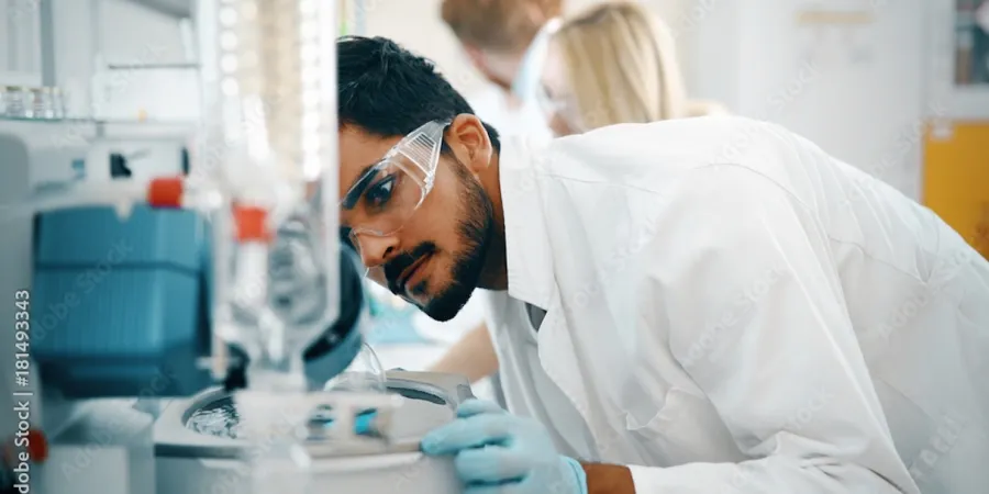 A researcher in a labcoat with gloves and safety glasses looking into a machine on a lab table