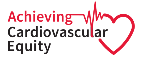 Achieving Cardiovascular Equity log which has red text for "Achieving" that firsttransforms into a heartbeat and then transforms into a heart.  The other text is black.