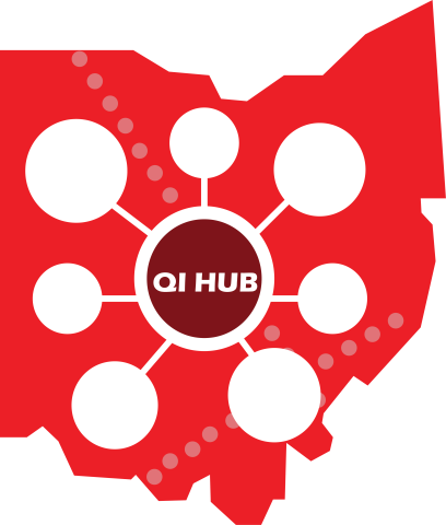 QI Hub logo. Ohio with a red background and a spoke and hub with "QI Hub" in the middle. 