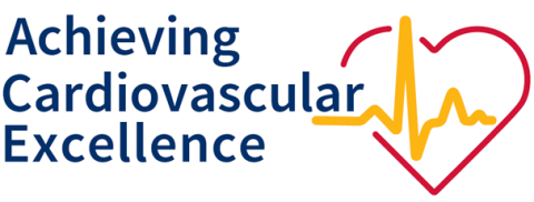 Achieving Cardiovascular Equity log which has blue text for "Achieving" that sits to the right of a heart outline with a heartbeat line through it.