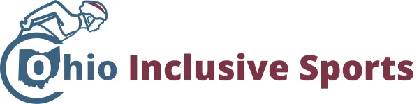 Logo for Ohio Inclusive Sports, featuring an athlete in a bicycle helmet in a wheelchair which serves as a semi-circle around the state of Ohio which contains the O for the logo