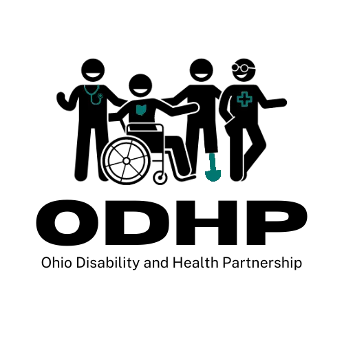 Logo for the Ohio Disability and Health Partnership project featuring four cartoon figures: From the left, the first has a stethoscope, the second is in a wheelchair with the state of Ohio over their heart, the third has a prosthetic leg, and the fourth is wearing glasses. 