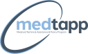 MedTAPP logo "Medicaid Technical Assistance & Policy Project" with a two tone blue halo that is tilted to encircle the "Medt" portions of the logo.